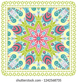 Decorative colorful ornament on white background, symmetric pattern with doodle lace frame. Tribal ethnic mandala decor. Bandana shawl, tablecloth fabric print, silk neck scarf, kerchief design