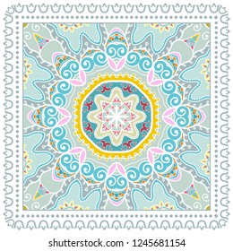Decorative colorful ornament on white background, symmetric pattern with doodle lace frame. Tribal ethnic mandala decor. Bandana shawl, tablecloth fabric print, silk neck scarf, kerchief design