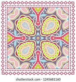 Decorative colorful ornament on white background, symmetric pattern with doodle lace frame. Tribal ethnic mandala decor. Bandana shawl, tablecloth fabric print, silk neck scarf, kerchief design