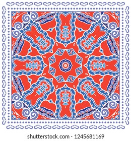 Decorative colorful ornament on white background, symmetric pattern with doodle lace frame. Tribal ethnic mandala decor. Bandana shawl, tablecloth fabric print, silk neck scarf, kerchief design
