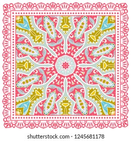 Decorative colorful ornament on white background, symmetric pattern with doodle lace frame. Tribal ethnic mandala decor. Bandana shawl, tablecloth fabric print, silk neck scarf, kerchief design