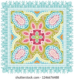 Decorative colorful ornament on white background, symmetric pattern with doodle lace frame. Tribal ethnic mandala decor. Bandana shawl, tablecloth fabric print, silk neck scarf, kerchief design