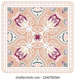Decorative colorful ornament on white background, symmetric pattern with doodle lace frame. Tribal ethnic mandala decor. Bandana shawl, tablecloth fabric print, silk neck scarf, kerchief design