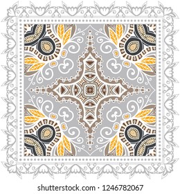Decorative colorful ornament on white background, symmetric pattern with doodle lace frame. Tribal ethnic mandala decor. Bandana shawl, tablecloth fabric print, silk neck scarf, kerchief design