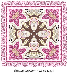 Decorative colorful ornament on white background, symmetric pattern with doodle lace frame. Tribal ethnic mandala decor. Bandana shawl, tablecloth fabric print, silk neck scarf, kerchief design