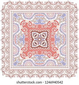 Decorative colorful ornament on white background, symmetric pattern with doodle lace frame. Tribal ethnic mandala decor. Bandana shawl, tablecloth fabric print, silk neck scarf, kerchief design