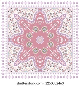 Decorative colorful ornament on white background, symmetric pattern with doodle lace frame. Tribal ethnic mandala decor. Bandana shawl, tablecloth fabric print, silk neck scarf, kerchief design