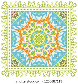 Decorative colorful ornament on white background, symmetric pattern with doodle lace frame. Tribal ethnic mandala decor. Bandana shawl, tablecloth fabric print, silk neck scarf, kerchief design