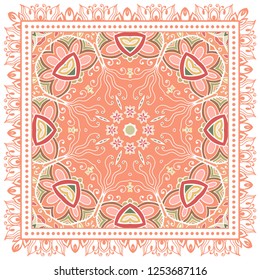 Decorative colorful ornament on white background, symmetric pattern with doodle lace frame. Tribal ethnic mandala decor. Bandana shawl, tablecloth fabric print, silk neck scarf, kerchief design