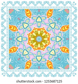 Decorative colorful ornament on white background, symmetric pattern with doodle lace frame. Tribal ethnic mandala decor. Bandana shawl, tablecloth fabric print, silk neck scarf, kerchief design