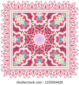 Decorative colorful ornament on a white background, symmetric pattern with doodle lace frame. Tribal ethnic mandala decor. Bandana shawl, tablecloth fabric print, silk neck scarf, kerchief design