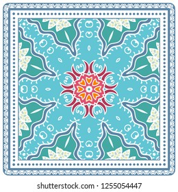 Decorative colorful ornament on a white background, symmetric pattern with doodle lace frame. Tribal ethnic mandala decor. Bandana shawl, tablecloth fabric print, silk neck scarf, kerchief design