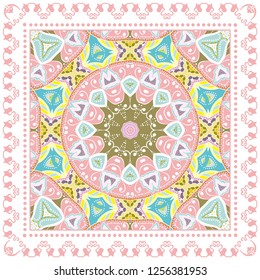 Decorative colorful ornament on white background, symmetric pattern with doodle lace frame. Tribal ethnic mandala decor. Bandana shawl, tablecloth fabric print, silk neck scarf, kerchief design