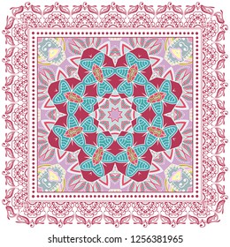 Decorative colorful ornament on white background, symmetric pattern with doodle lace frame. Tribal ethnic mandala decor. Bandana shawl, tablecloth fabric print, silk neck scarf, kerchief design