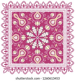 Decorative colorful ornament on white background, symmetric pattern with doodle lace frame. Tribal ethnic mandala decor. Bandana shawl, tablecloth fabric print, silk neck scarf, kerchief design