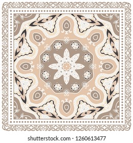 Decorative colorful ornament on white background, symmetric pattern with doodle lace frame. Tribal ethnic mandala decor. Bandana shawl, tablecloth fabric print, silk neck scarf, kerchief design