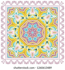 Decorative colorful ornament on white background, symmetric pattern with doodle lace frame. Tribal ethnic mandala decor. Bandana shawl, tablecloth fabric print, silk neck scarf, kerchief design