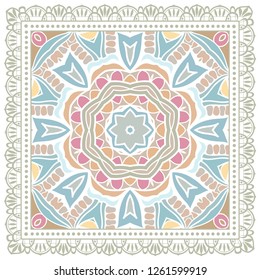 Decorative colorful ornament on white background, symmetric pattern with doodle lace frame. Tribal ethnic mandala decor. Bandana shawl, tablecloth fabric print, silk neck scarf, kerchief design