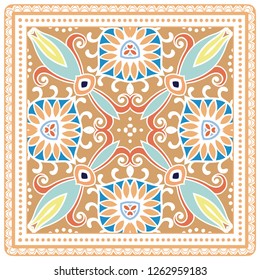 Decorative colorful ornament on white background, symmetric pattern with doodle lace frame. Tribal ethnic mandala decor. Bandana shawl, tablecloth fabric print, silk neck scarf, kerchief design