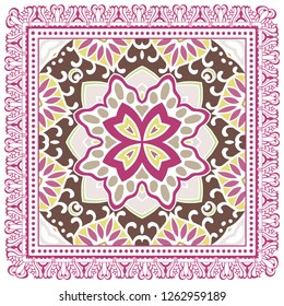 Decorative colorful ornament on white background, symmetric pattern with doodle lace frame. Tribal ethnic mandala decor. Bandana shawl, tablecloth fabric print, silk neck scarf, kerchief design