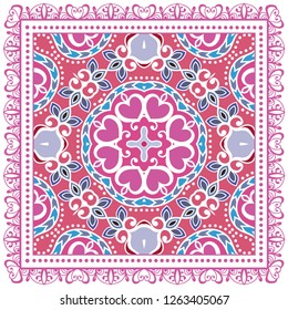 Decorative colorful ornament on white background, symmetric pattern with doodle lace frame. Tribal ethnic mandala decor. Bandana shawl, tablecloth fabric print, silk neck scarf, kerchief design