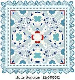 Decorative colorful ornament on white background, symmetric pattern with doodle lace frame. Tribal ethnic mandala decor. Bandana shawl, tablecloth fabric print, silk neck scarf, kerchief design