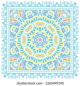 Decorative colorful ornament on white background, symmetric pattern with doodle lace frame. Tribal ethnic mandala decor. Bandana shawl, tablecloth fabric print, silk neck scarf, kerchief design
