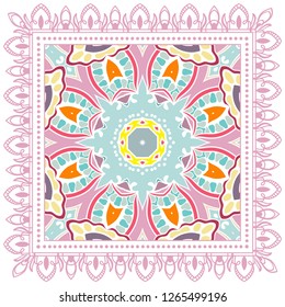 Decorative colorful ornament on white background, symmetric pattern with doodle lace frame. Tribal ethnic mandala decor. Bandana shawl, tablecloth fabric print, silk neck scarf, kerchief design