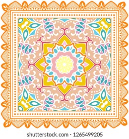 Decorative colorful ornament on white background, symmetric pattern with doodle lace frame. Tribal ethnic mandala decor. Bandana shawl, tablecloth fabric print, silk neck scarf, kerchief design