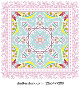 Decorative colorful ornament on white background, symmetric pattern with doodle lace frame. Tribal ethnic mandala decor. Bandana shawl, tablecloth fabric print, silk neck scarf, kerchief design