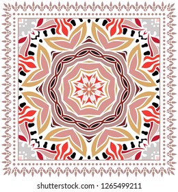 Decorative colorful ornament on white background, symmetric pattern with doodle lace frame. Tribal ethnic mandala decor. Bandana shawl, tablecloth fabric print, silk neck scarf, kerchief design