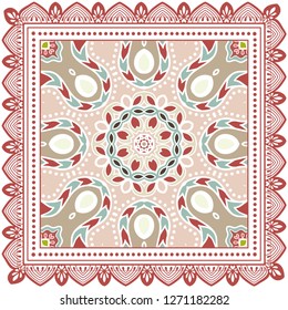 Decorative colorful ornament on white background, symmetric pattern with doodle lace frame. Tribal ethnic mandala decor. Bandana shawl, tablecloth fabric print, silk neck scarf, kerchief design