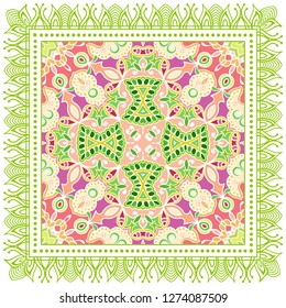 Decorative colorful ornament on white background, symmetric pattern with doodle lace frame. Tribal ethnic mandala decor. Bandana shawl, tablecloth fabric print, silk neck scarf, kerchief design