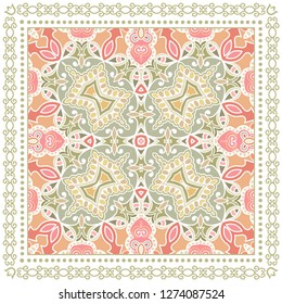 Decorative colorful ornament on white background, symmetric pattern with doodle lace frame. Tribal ethnic mandala decor. Bandana shawl, tablecloth fabric print, silk neck scarf, kerchief design