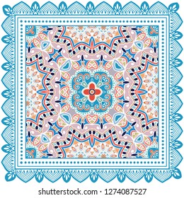 Decorative colorful ornament on white background, symmetric pattern with doodle lace frame. Tribal ethnic mandala decor. Bandana shawl, tablecloth fabric print, silk neck scarf, kerchief design