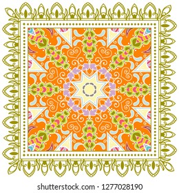 Decorative colorful ornament on white background, symmetric pattern with doodle lace frame. Tribal ethnic mandala decor. Bandana shawl, tablecloth fabric print, silk neck scarf, kerchief design