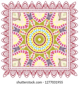 Decorative colorful ornament on white background, symmetric pattern with doodle lace frame. Tribal ethnic mandala decor. Bandana shawl, tablecloth fabric print, silk neck scarf, kerchief design