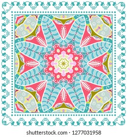 Decorative colorful ornament on white background, symmetric pattern with doodle lace frame. Tribal ethnic mandala decor. Bandana shawl, tablecloth fabric print, silk neck scarf, kerchief design