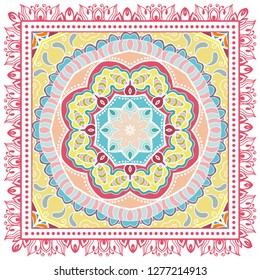 Decorative colorful ornament on white background, symmetric pattern with doodle lace frame. Tribal ethnic mandala decor. Bandana shawl, tablecloth fabric print, silk neck scarf, kerchief design