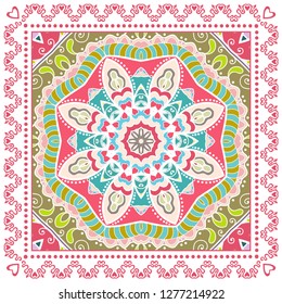 Decorative colorful ornament on white background, symmetric pattern with doodle lace frame. Tribal ethnic mandala decor. Bandana shawl, tablecloth fabric print, silk neck scarf, kerchief design