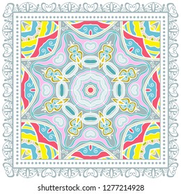 Decorative colorful ornament on white background, symmetric pattern with doodle lace frame. Tribal ethnic mandala decor. Bandana shawl, tablecloth fabric print, silk neck scarf, kerchief design