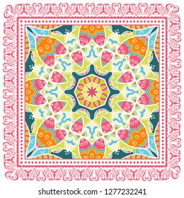 Decorative colorful ornament on white background, symmetric pattern with doodle lace frame. Tribal ethnic mandala decor. Bandana shawl, tablecloth fabric print, silk neck scarf, kerchief design