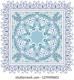 Decorative colorful ornament on white background, symmetric pattern with doodle lace frame. Tribal ethnic mandala decor. Bandana shawl, tablecloth fabric print, silk neck scarf, kerchief design