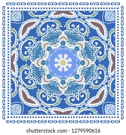 Decorative colorful ornament on white background, symmetric pattern with doodle lace frame. Tribal ethnic mandala decor. Bandana shawl, tablecloth fabric print, silk neck scarf, kerchief design