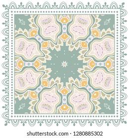 Decorative colorful ornament on white background, symmetric pattern with doodle lace frame. Tribal ethnic mandala decor. Bandana shawl, tablecloth fabric print, silk neck scarf, kerchief design
