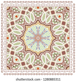 Decorative colorful ornament on white background, symmetric pattern with doodle lace frame. Tribal ethnic mandala decor. Bandana shawl, tablecloth fabric print, silk neck scarf, kerchief design