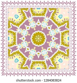 Decorative colorful ornament on white background, symmetric pattern with doodle lace frame. Tribal ethnic mandala decor. Bandana shawl, tablecloth fabric print, silk neck scarf, kerchief design