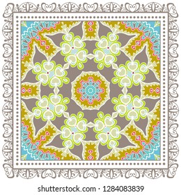 Decorative colorful ornament on white background, symmetric pattern with doodle lace frame. Tribal ethnic mandala decor. Bandana shawl, tablecloth fabric print, silk neck scarf, kerchief design