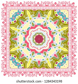 Decorative colorful ornament on white background, symmetric pattern with doodle lace frame. Tribal ethnic mandala decor. Bandana shawl, tablecloth fabric print, silk neck scarf, kerchief design