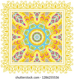 Decorative colorful ornament on white background, symmetric pattern with doodle lace frame. Tribal ethnic mandala decor. Bandana shawl, tablecloth fabric print, silk neck scarf, kerchief design